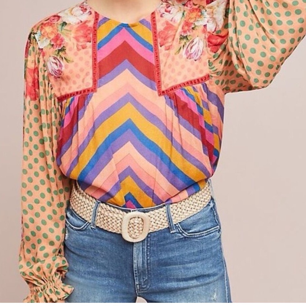 Anthropologie BL^NK London Top Mixed Pattern Balloon Sleeve Blouse Stripes Dots